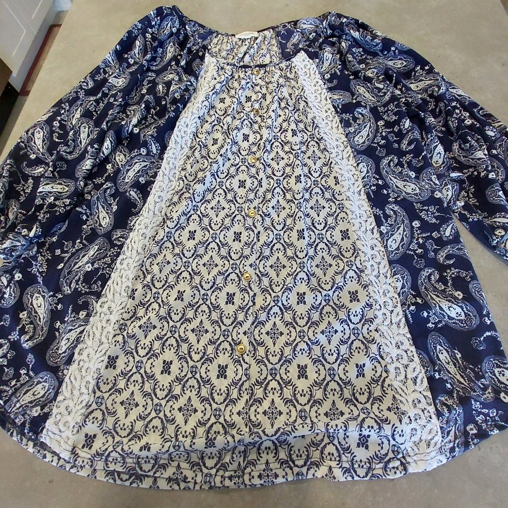 SIREN LILY Women's Long Sleeve Blouse w/Lace Inserts - Blue/White Paisley -Sz 3X